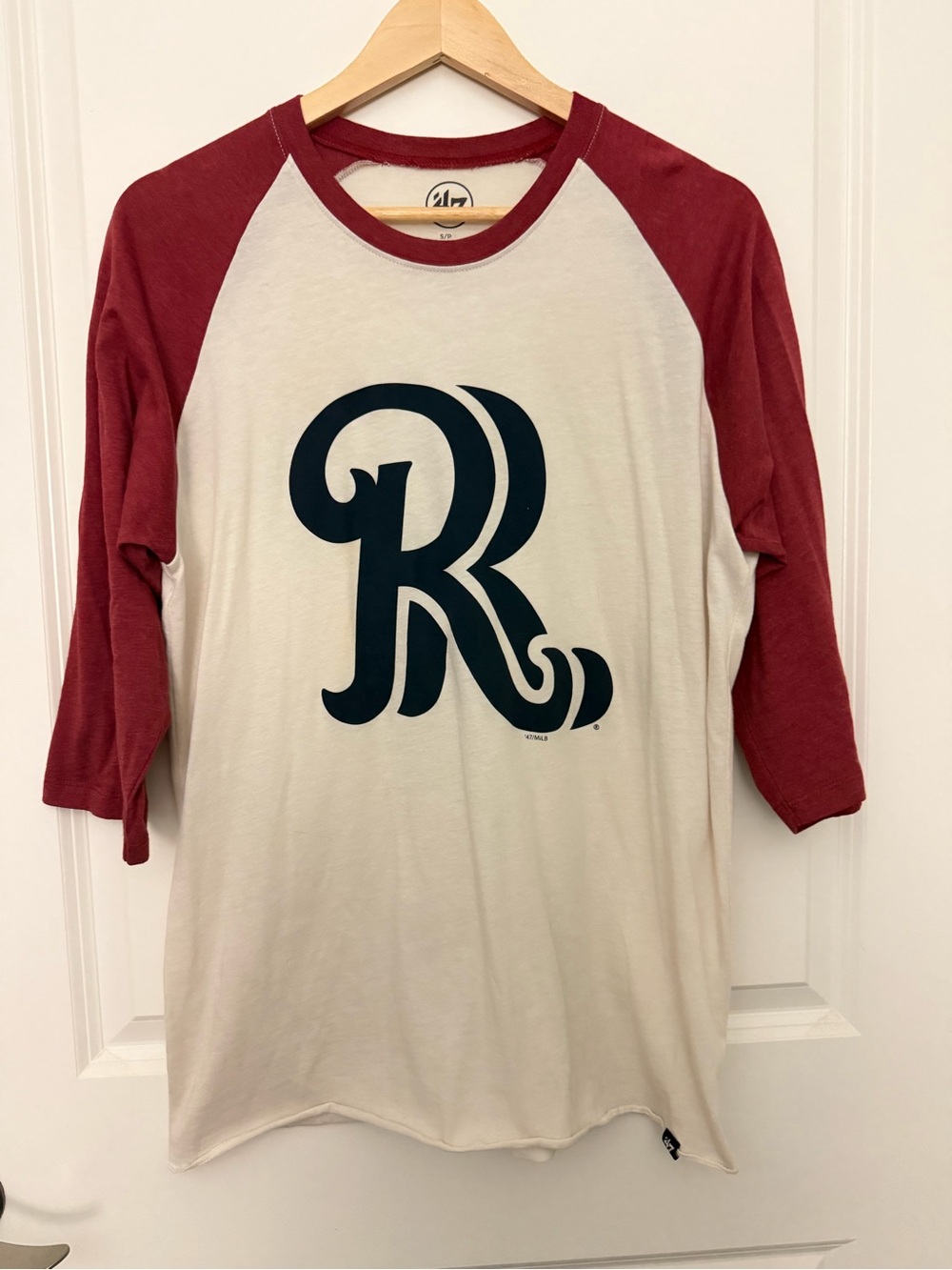 Rough Riders Women's Maroon and Cream Raglan Baseball Jersey